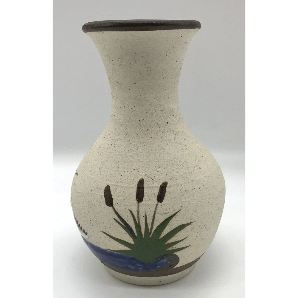 Vintage Tonala Mexico Vase Art Pottery Swans Cattails Water Sandstone‎ 5